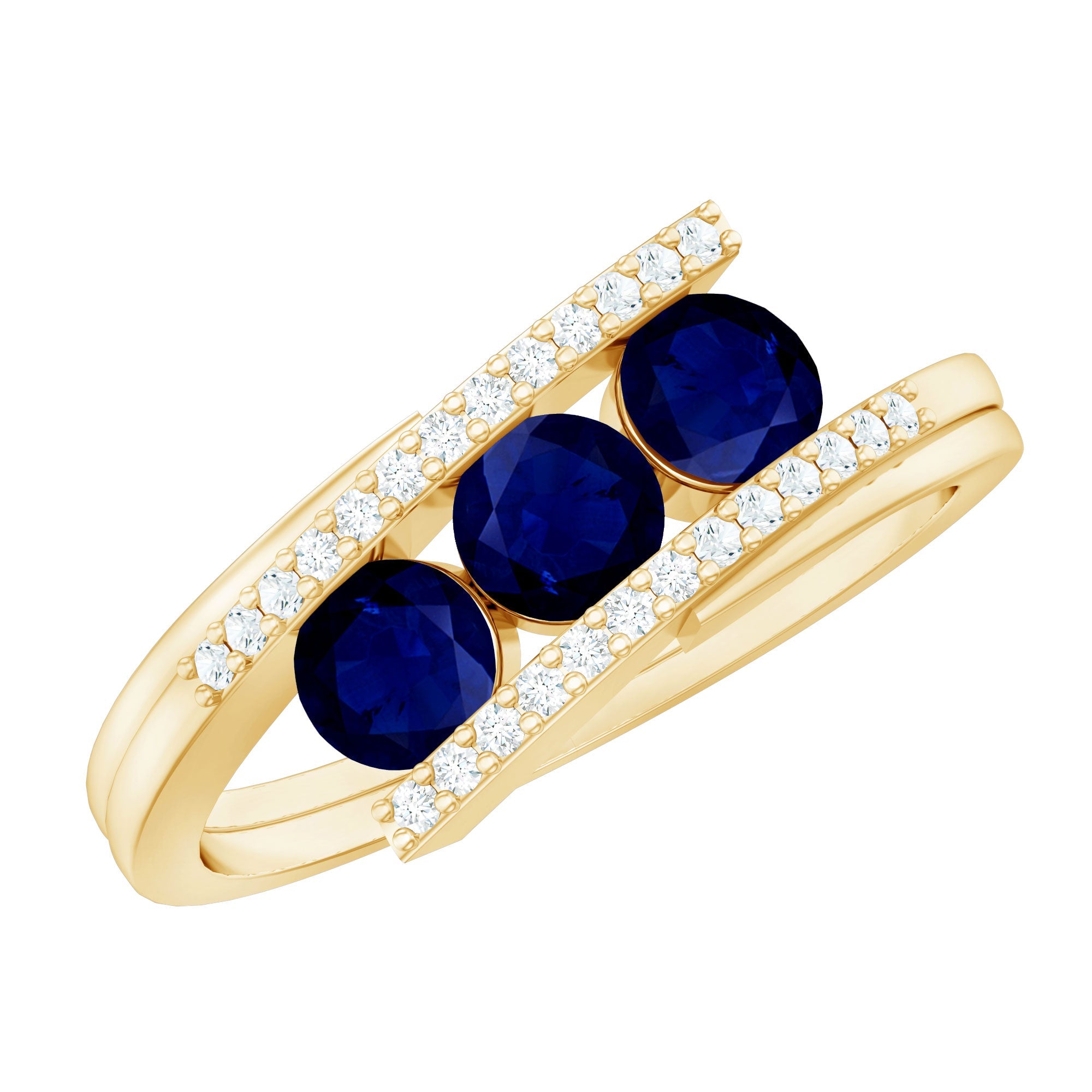 0.50 CT Blue Sapphire Three Stone Bypass Ring with Diamond Accent