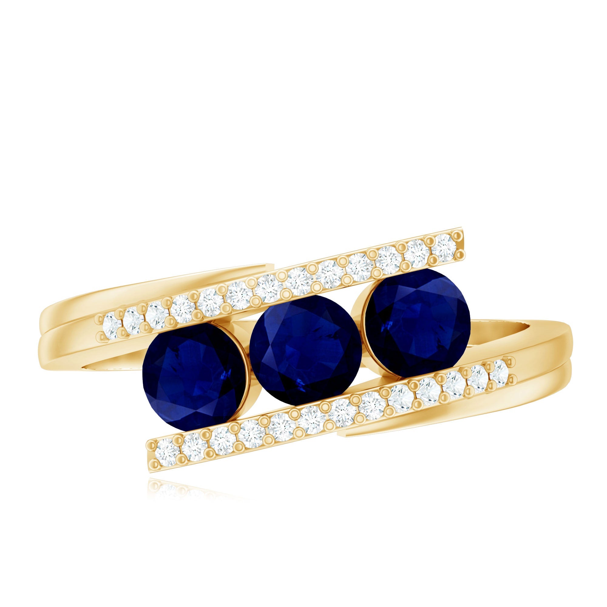 0.50 CT Blue Sapphire Three Stone Bypass Ring with Diamond Accent