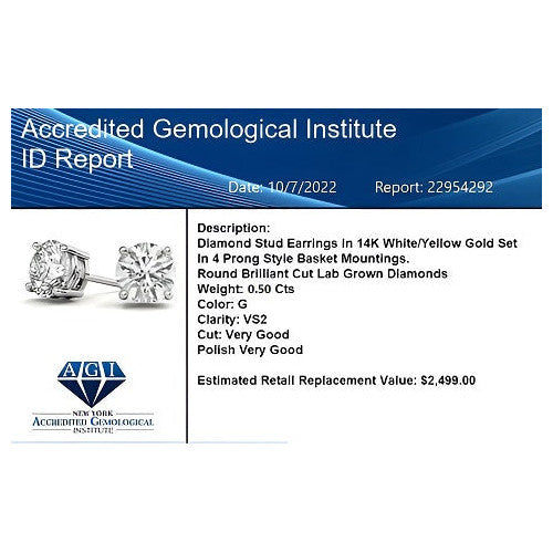 0.50 CTW AGI Certified Lab Grown Diamond (G-VS)  Stud Earrings in Choice Of 14K White or Yellow Gold